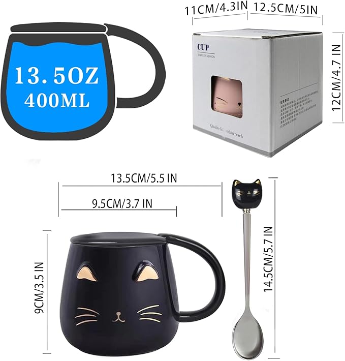 Yuwu Cat Mug Cute Coffee Mug gifts for cat lovers Ceramic Cup, Novelty Mug with Lid and Stainless Steel Spoon, Christmas Birthday Gifts Present for kids Women Girls (Black)