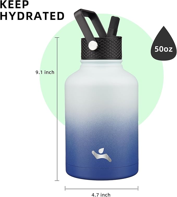 Insulated Water Bottle with Straw,50 oz 3 Lids Water Jug with Carrying Bag,Paracord Handle,Double Wall Vacuum Stainless Steel Metal Flask,Sky