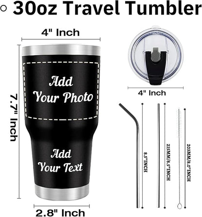 Personalized Tumbler with Pictures Text Name, Custom Double Wall Insulated Tumbler, Personalized Gifts for Women Men Friend, Birthday Christmas Gifts, 30oz Coffee Tumbler w/Lid (30oz UV)