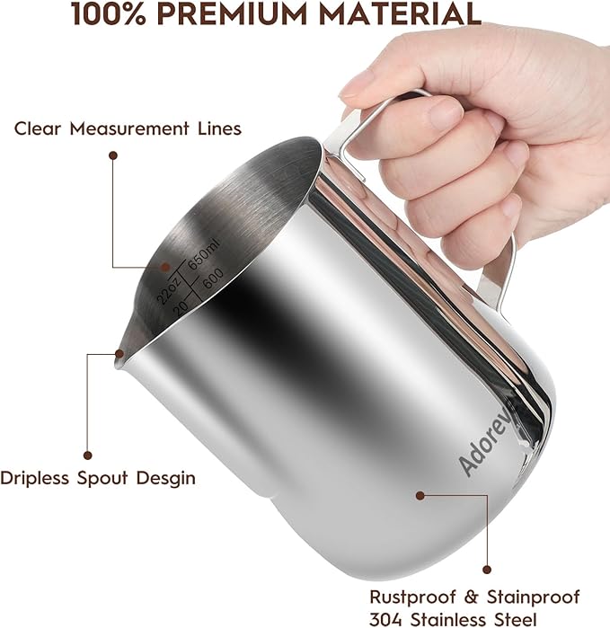Milk Frothing Pitcher, 22oz 650ml Milk Frother Cup Stainless Steel Steaming Pitcher, Coffee Bar Cappuccino Espresso Machine Accessories Barista Tools, Metal Steamer Cup Mug Milk Jug with Latte Art Pen
