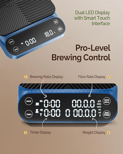 Maestri House S3 Coffee Scale with Timer, 3kg/0.1g Rechargeable Digital Scale, 3 Brew Modes, Adjustable Ratios & Flow Rate Display, Barista-Grade for Pour-Over, Espresso, French Press – Blue