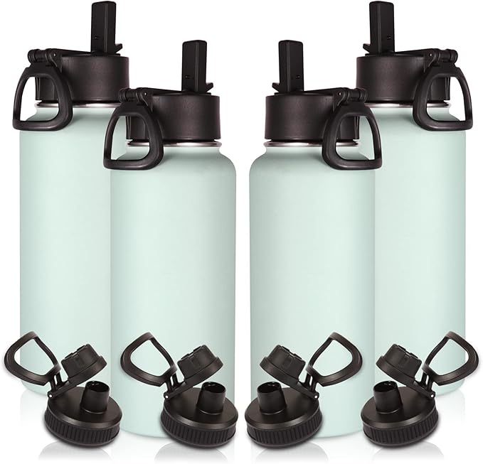 Volhoply 32 oz Insulated Water Bottles Bulk 4 Pack with Straw Lid & Spout Lid,Stainless Steel Sports Water Bottle,Double Wall Vacuum Cups,Leakproof Wide Mouth Metal Flask for Hiking,Camping(Fog,4)