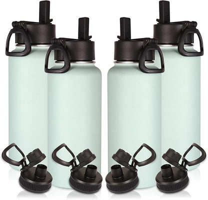 Volhoply 32 oz Insulated Water Bottles Bulk 4 Pack with Straw Lid & Spout Lid,Stainless Steel Sports Water Bottle,Double Wall Vacuum Cups,Leakproof Wide Mouth Metal Flask for Hiking,Camping(Fog,4)