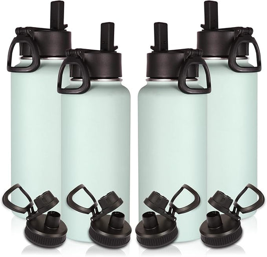 Volhoply 32 oz Insulated Water Bottles Bulk 4 Pack with Straw Lid & Spout Lid,Stainless Steel Sports Water Bottle,Double Wall Vacuum Cups,Leakproof Wide Mouth Metal Flask for Hiking,Camping(Fog,4)