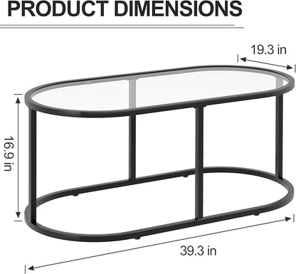Coffee Table Black Glass Coffee Tables for Living Room, Oval Table Center Table with Sturdy Metal Frame,Modern Tempered Glass Accent Tables for Bedroom Home Office