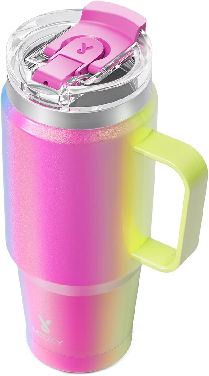 Meoky 32 oz Tumbler with Handle, Insulated Tumbler with Lid and Straw, Stainless Steel Travel Mug, 100% Leak Proof, Keeps Cold for 24 Hours or Hot for 8 Hours, Fits in Car Cup Holder (Carnival)