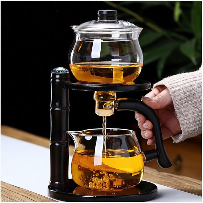 Kungfu Magnetic Teapot Glass Magic Tea Set Semi-Automatic Water Guide Magnetic Teapot with Infuser Heat-Resistant Glass Magic Tea Pot Perfect Holiday Gifts (Black)
