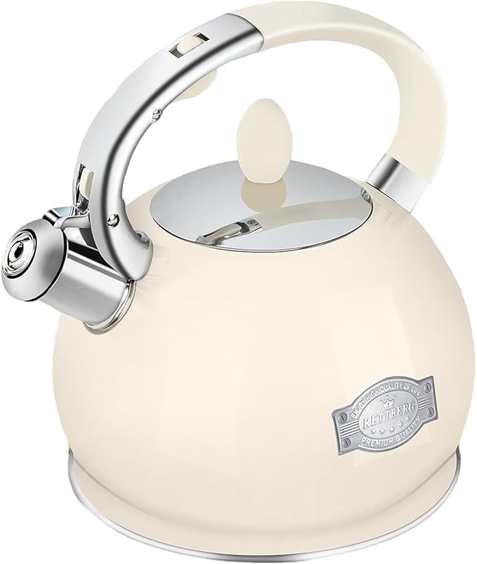 Tea Kettle for Stovetop Induction Whistling Tea Kettles 2.64 Quart Retro Food Grade Stainless Steel Teapots with Cool Touch Handle Cream