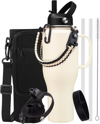 40 OZ Water Bottle Insulated Fits in Car Cup Holder, Water Tumbler with Straw & Spout Lids, Paracord Handle, 40oz Insulated Water Bottle with Handle Keep Cold-48h Hot-24h for Travel Gym Office