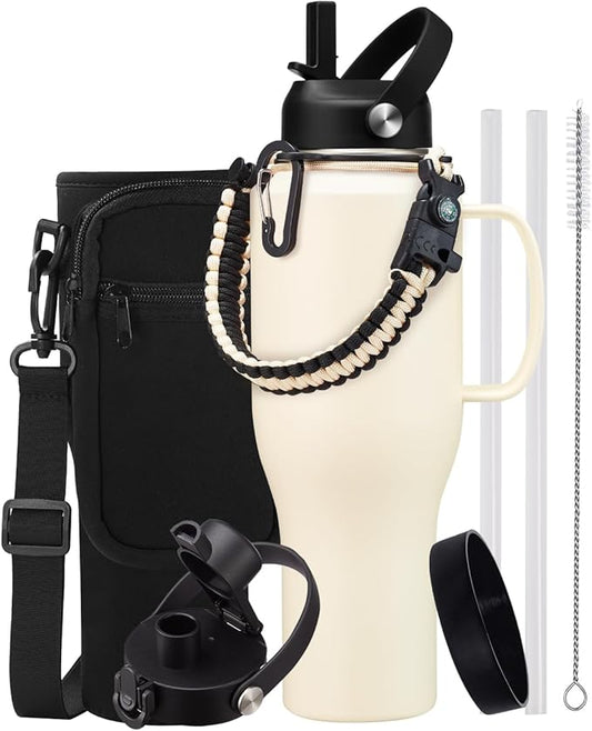 40 OZ Water Bottle Insulated Fits in Car Cup Holder, Water Tumbler with Straw & Spout Lids, Paracord Handle, 40oz Insulated Water Bottle with Handle Keep Cold-48h Hot-24h for Travel Gym Office