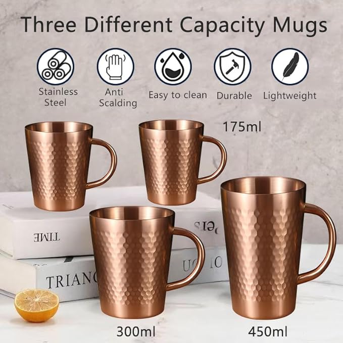 YJX 5.9oz Mugs Set of 4, Hammered 304 Stainless Steel Coffee Cups, Double Wall Insulated Mug, Copper Tea Cup with Handle, Lightweight Teacups, for Tea, Cold Drinks, Beer, Wine, Bars, Parties(175ml)