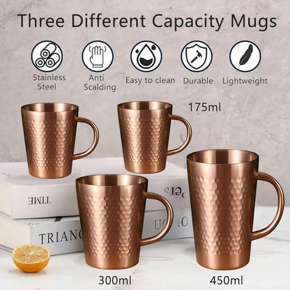 YJX 5.9oz Mugs Set of 4, Hammered 304 Stainless Steel Coffee Cups, Double Wall Insulated Mug, Copper Tea Cup with Handle, Lightweight Teacups, for Tea, Cold Drinks, Beer, Wine, Bars, Parties(175ml)