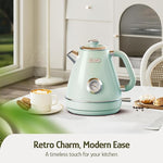 Load image into Gallery viewer, Hazel Quinn Retro Electric Kettle - 1.7 Liters / 57.5 Ounces Tea Kettle with Thermometer, All Stainless Steel, 1200 Watts Fast Boiling, BPA-free, Cordless, Automatic Shut Off - Mint Green