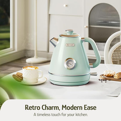Hazel Quinn Retro Electric Kettle - 1.7 Liters / 57.5 Ounces Tea Kettle with Thermometer, All Stainless Steel, 1200 Watts Fast Boiling, BPA-free, Cordless, Automatic Shut Off - Mint Green