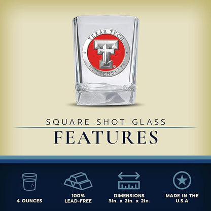 Heritage Pewter Texas Tech Square Shot Glass | Hand-Sculpted 1.5 Ounce Shot Glass | Intricately Crafted Metal Pewter Alma Mater Inlay
