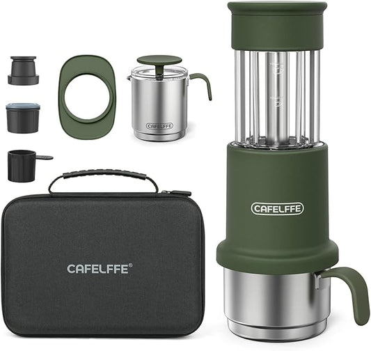 Manual Portable Coffee Maker Set with Milk Frother Cup &Carry Bag, Hand Press Espresso Machine Compatible with Nes Original Capsule/Ground for Outdoor Travel Camping Gift,Green