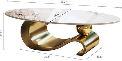 Marble Grain Coffee Table with Gold Stainless Steel Pedestal,Modern Coffee Tables,Oval Living Room Table with Faux Marble Top & Luxury Legs,Sintered Stone Cocktail Center Table,49.2 inch
