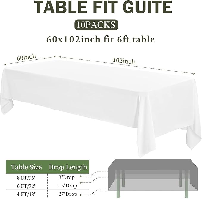 10 Pack Tablecloth Party, 60 x 102 Inch Polyester Rectangle Table Cloth, Wrinkle Resistant Washable Table Cover for Dining Table, Buffet Parties and Camping