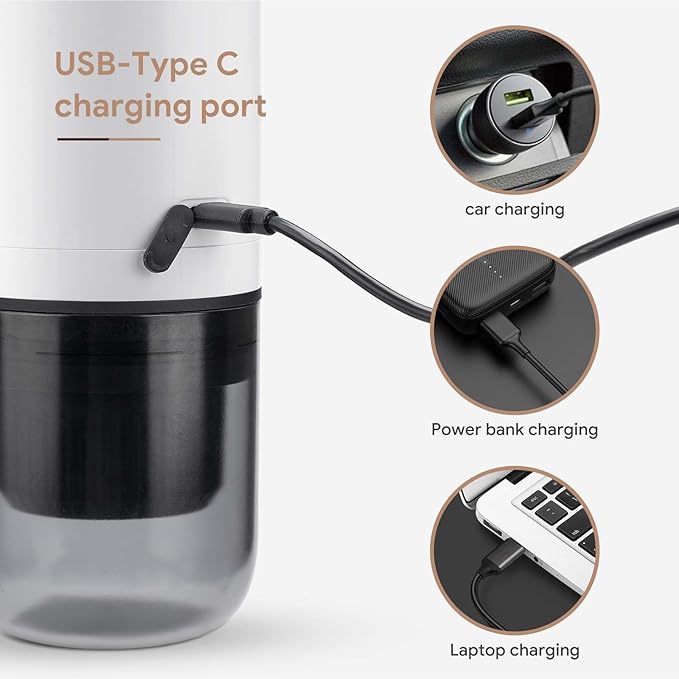 Portable Espresso Machine Mini 12V Rechargeable 3-in-1 Multi-Function Electric Coffee Machine One Key Extraction Compatible with NS & DG Capsules and Ground Coffee for Office Home (White)