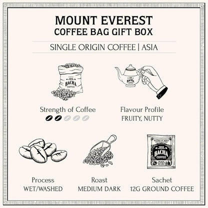 Bacha Coffee | Mount Everest Nepal Single Origin, 100% Arabica Specialty Coffee Beans, Medium Dark Roast, x12 Individually Wrapped Single Serve Filter Bags