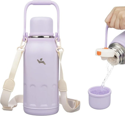 Insulated Water Bottle with Handle and Strap,Vacuum Travel Tumbler with Cup Lid,Thermo Coffee Cup for Hot Cold Drinks 40 OZ,Purple