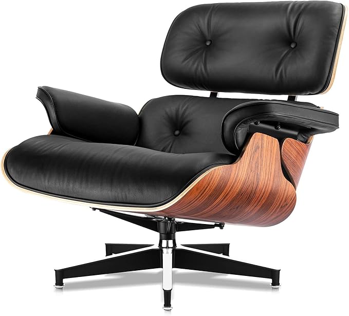 Premium Black Grain Leather, Mid Century Modern Chaise Lounge & Ottoman Set, Classic Design Chair, Heavy Duty Base Support for Living Room, Lounge, Office, Palisander Wood（Palisander-black, Upgraded)