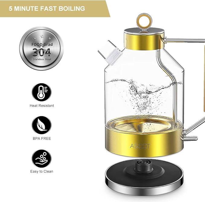 ASCOT Electric Kettle, Glass Electric Tea Kettle Gifts for Men/Women/Family 1.5L 1500W Borosilicate Glass Tea Heater, with Auto Shut-Off and Boil-Dry Protection (Gold)
