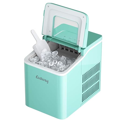 COSTWAY Countertop Ice Maker, 26Lbs/24H Portable Ice Machine with Self-Cleaning Function, Bullet Ice Cubes Ready in 8 Mins, Scoop and Removable Basket,Ice Maker for Home Party Bar, Green