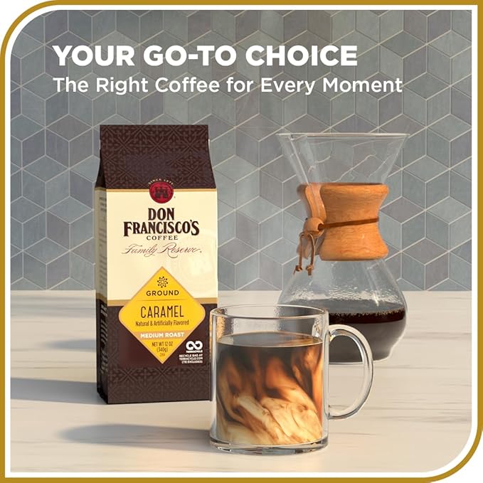 Don Francisco's Premium Caramel Flavored Medium Roast Ground Coffee - 100% Arabica Beans, Perfect for Drip, Pour Over, and French Press - Carefully Sourced, Family-Crafted Since 1870 (12 oz Bag)