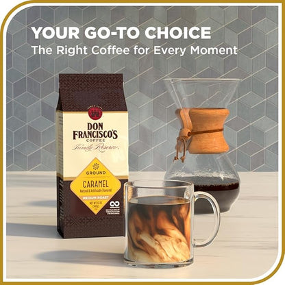Don Francisco's Premium Caramel Flavored Medium Roast Ground Coffee - 100% Arabica Beans, Perfect for Drip, Pour Over, and French Press - Carefully Sourced, Family-Crafted Since 1870 (12 oz Bag)
