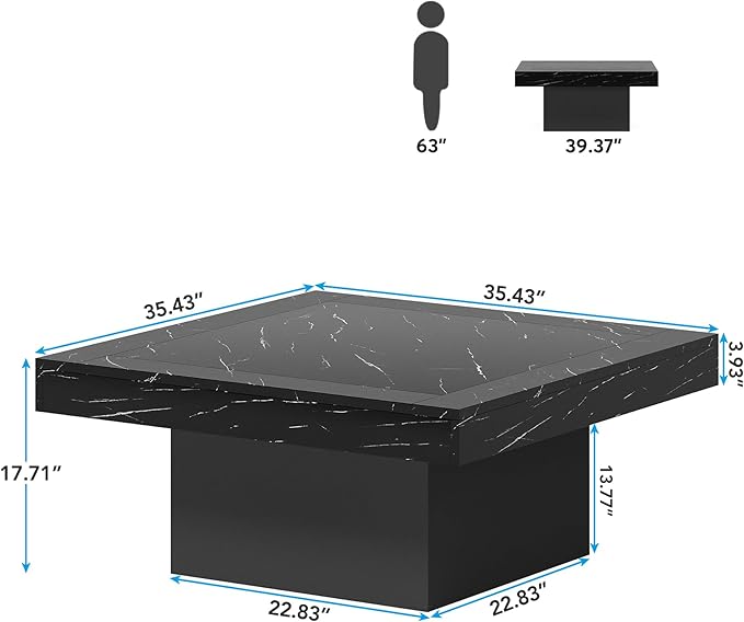 Tribesigns LED Coffee Table Square Engineered Wood Low Coffee Table for Living Room (Faux Marble Black+Black)