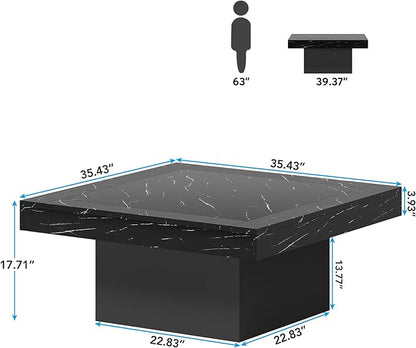 Tribesigns LED Coffee Table Square Engineered Wood Low Coffee Table for Living Room (Faux Marble Black+Black)