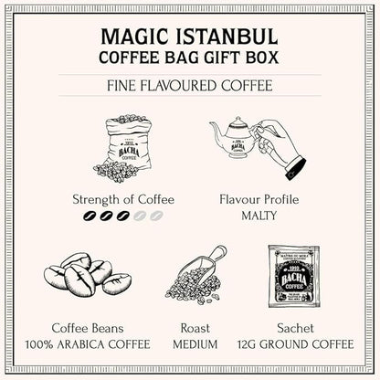 Bacha Coffee | Magic Istanbul Fine Flavoured, 100% Arabica Specialty Coffee Beans, Medium Roast, x12 Individually Wrapped Single Serve Filter Bags