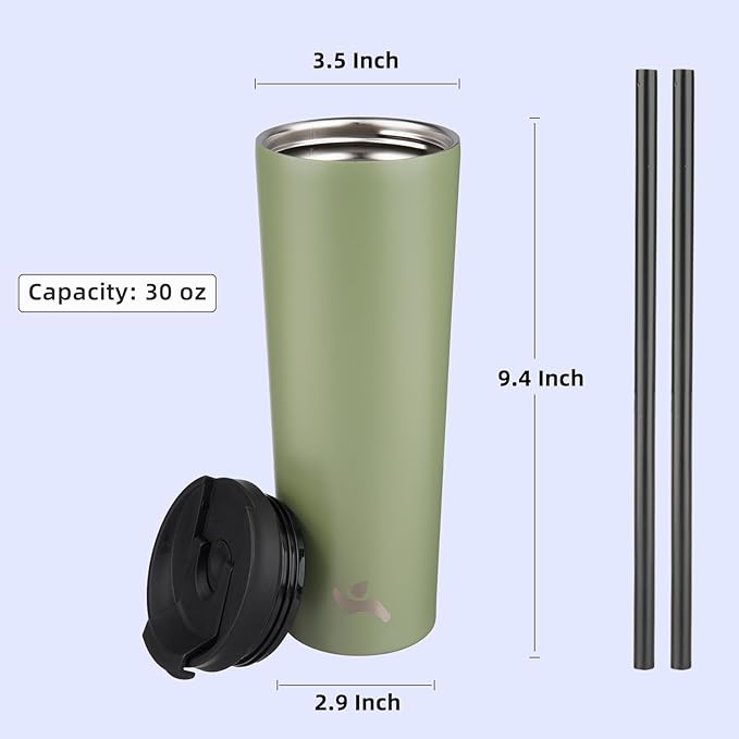 30 OZ Insulated Tumbler with Lid and 2 Straws Stainless Steel Water Bottle Vacuum Travel Mug Coffee Cup,ArmyGreen