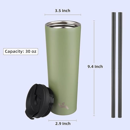 30 OZ Insulated Tumbler with Lid and 2 Straws Stainless Steel Water Bottle Vacuum Travel Mug Coffee Cup,ArmyGreen