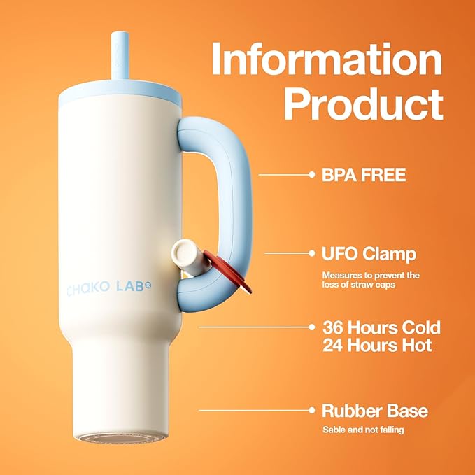 BaWang Insulated Stainless Steel Tumbler | Tumbler with Handle and Straw 33oz | Cup Holder Friendly for Travel | Leakproof Water Bottle | BPA-Free | 316 stainless steel liner| white＆blue