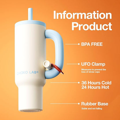 BaWang Insulated Stainless Steel Tumbler | Tumbler with Handle and Straw 33oz | Cup Holder Friendly for Travel | Leakproof Water Bottle | BPA-Free | 316 stainless steel liner| white＆blue