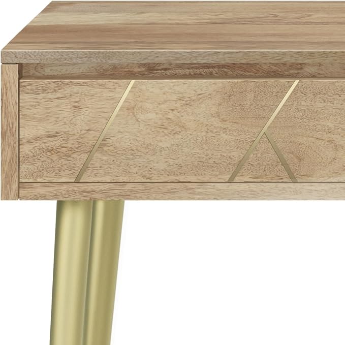 SIMPLIHOME Jager Console Table - 48 Inch Wide Solid Mango Wood Sofa Table in Natural, Mid-Century Modern Storage Table for Entryway or Living Room with 2 Drawers, Brass Inlay, and Gold Metal Legs