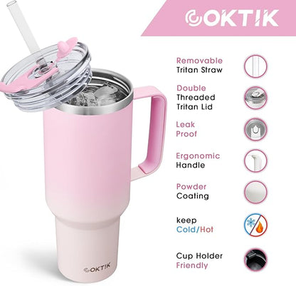 COKTIK 40 oz Tumbler With Handle and Straw Lid, Vacuum Insulated Travel Coffee Mug Stainless Steel Insulated Cup for Beverages, Leak-proof, Cupholder Friendly (Sakura)