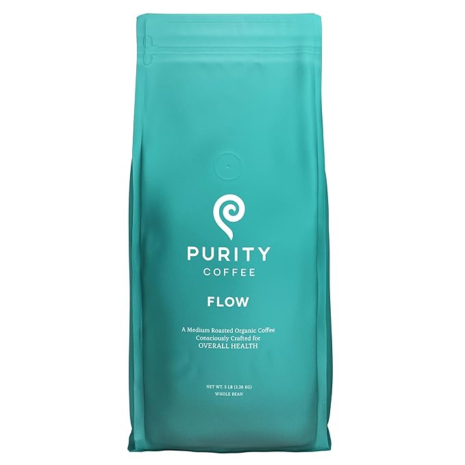 Purity Coffee FLOW Medium Roast Organic Coffee - USDA Certified Organic Specialty Grade Arabica Whole Bean Coffee - Third Party Tested for Mold, Mycotoxins and Pesticides - 5 lb Bag