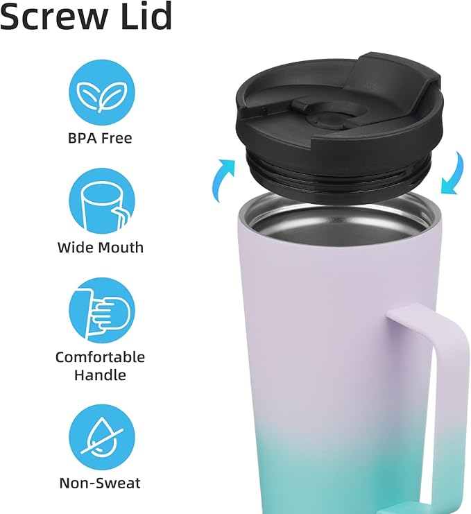 Insulated Tumbler with Handle and Straw, 22 OZ Travel Coffee Mug Stainless Steel Cup Metal Water Bottle,Lavender Green