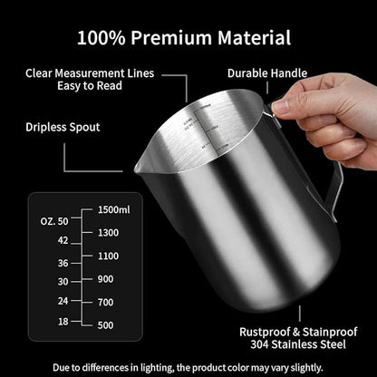 watchget Milk Frothing Pitcher 50oz/1500ml - Stainless Steel Espresso Steaming Pitcher for Cappuccino, Latte Art, Coffee Machine Accessories Milk Jug Frother Cup, Silver