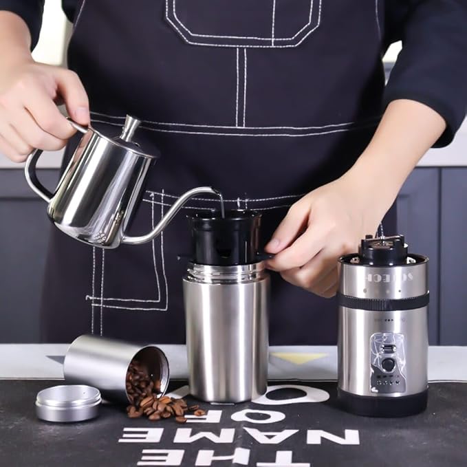 SOTECH Outdoor Camping Coffee Maker Set 3 in 1 Grinder Kit with Stainless Steel Electric Bean Grinder 350ml kettle Travel Coffee Kit(Pour Over Coffee Dripper Set Traveling Fishing)