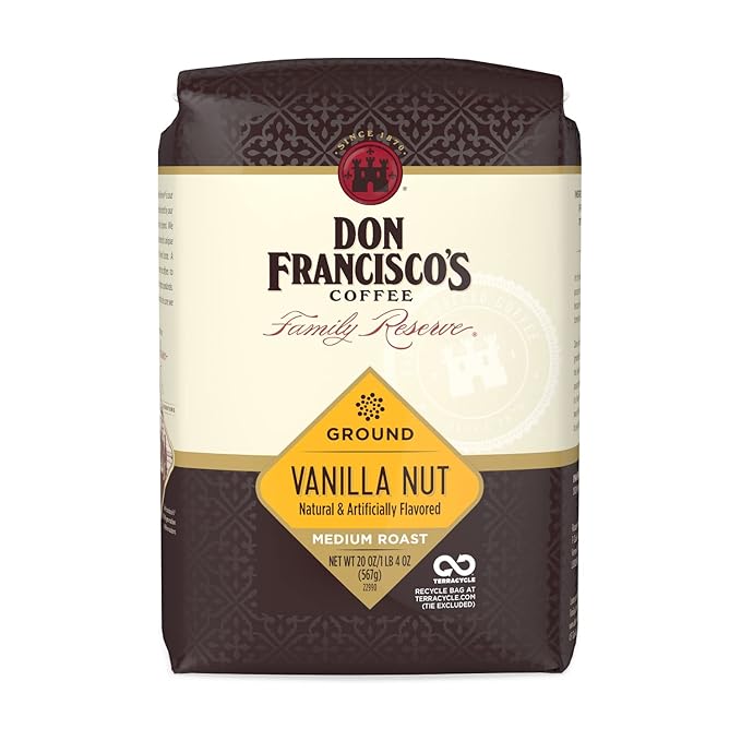 Don Francisco's Premium Vanilla Nut Medium Roast Ground Coffee - 100% Arabica Beans, Perfect for Drip, Pour Over, and French Press - Carefully Sourced, Family-Crafted Since 1870 (20 oz Bag)