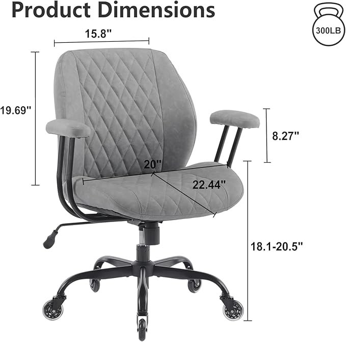 YFO Modern Ergonomic Office Desk Chair, Grey Leather with Lumbar Support, Adjustable Height, Swivel, Armrests, for Office, Gaming, Reading, Relaxing