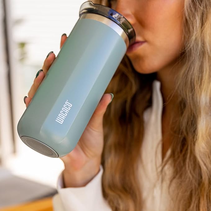 WACACO Octaroma Grande Vacuum Insulated Coffee Mug, 15 fl oz (435ml), Double-wall Stainless Steel Travel Tumbler With Drinking Lid, Cadet Blue