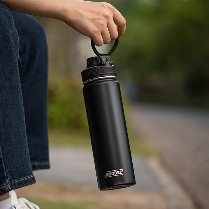 koodee 16 oz Water Bottle Stainless Steel Double Wall Vacuum Insulated Water Bottle for School Wide Mouth Sports Bottle with Leakproof Spout Lid (Black)