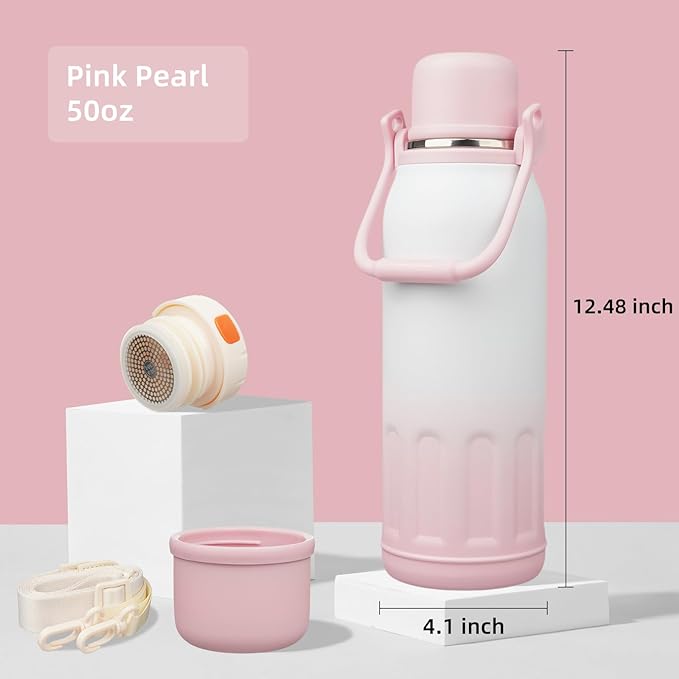 Insulated Water Bottle with Handle and Strap,Vacuum Travel Tumbler with Cup Lid,Thermo Coffee Cup for Hot Cold Drinks 50 OZ,Pink Pearl