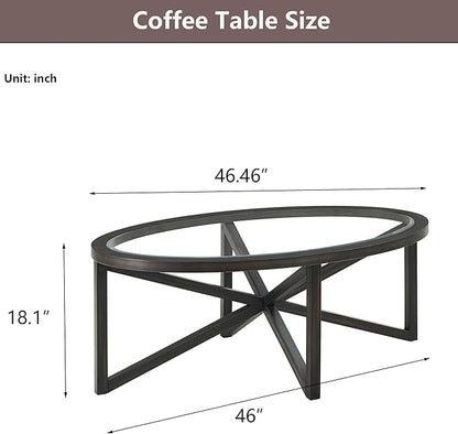 Glass Coffee Table Modern Simple Oval Transparent Tempered Glass Top and Wood Base, Office Terrace Study Accent Coffee Table Cocktail Table,Black Brown
