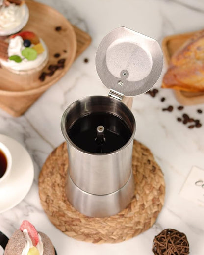 Sivaphe Stovetop Espresso Maker Stainless Steel 9 Cups, Induction-Capable Mocha Pot 450ml, Coffee Percolator with Replacement Silicone Gasket Steel Filter and Instructions (1 Cup=50ml)